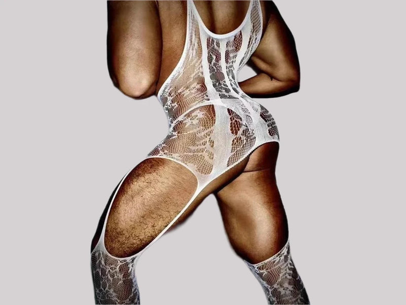 Gay Bodystockings | Crotchless White Lingerie Bodysuit