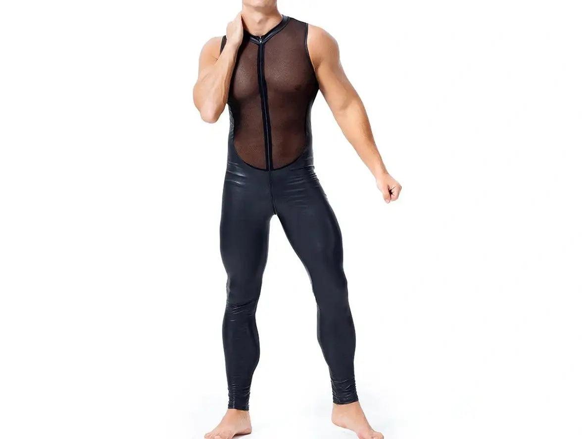 Gay Bodysuits | Clubwear Front Zipper Mesh Faux Leather Jumpsuit