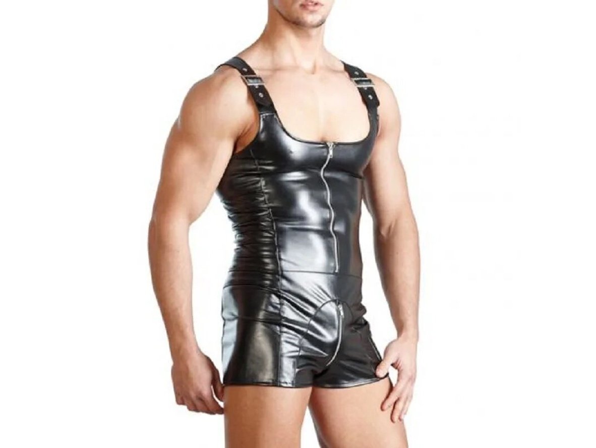 Gay Bodysuits | Clubwear Sleeveless Open Crotch Faux Leather Zip Bodysuit