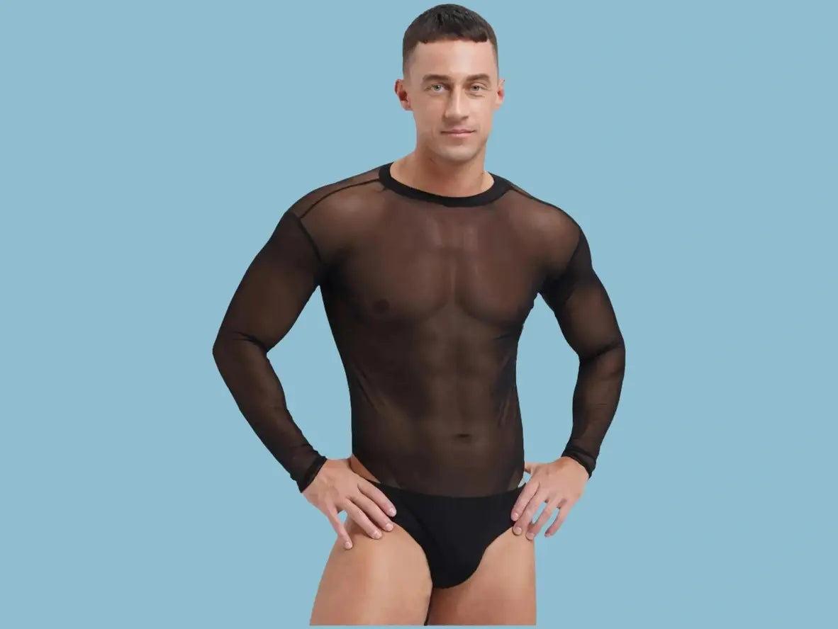 Gay Bodysuits | See-Through Sexy High Cut Long Sleeve Thong Bodysuit