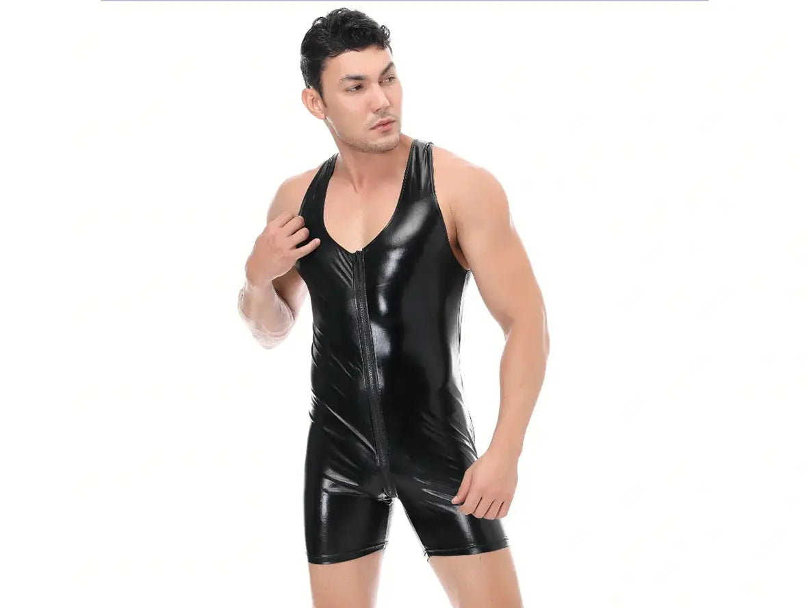 Gay Bodysuits | Sexy Clubwear Wet Look Faux Leather Bodysuit with Front Zipper