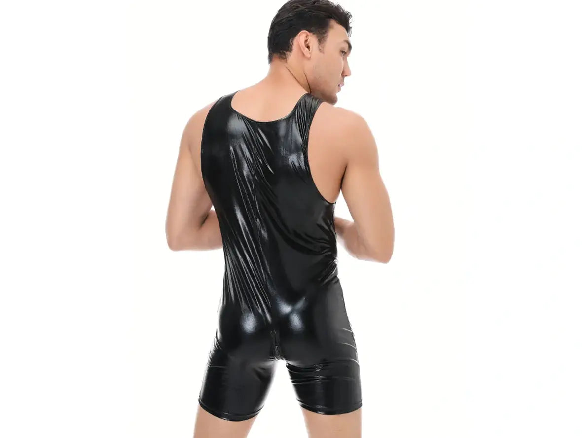 Gay Bodysuits | Sexy Clubwear Wet Look Faux Leather Bodysuit with Front Zipper