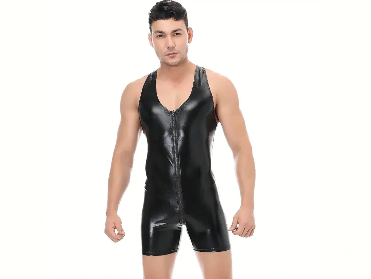 Gay Bodysuits | Sexy Clubwear Wet Look Faux Leather Bodysuit with Front Zipper