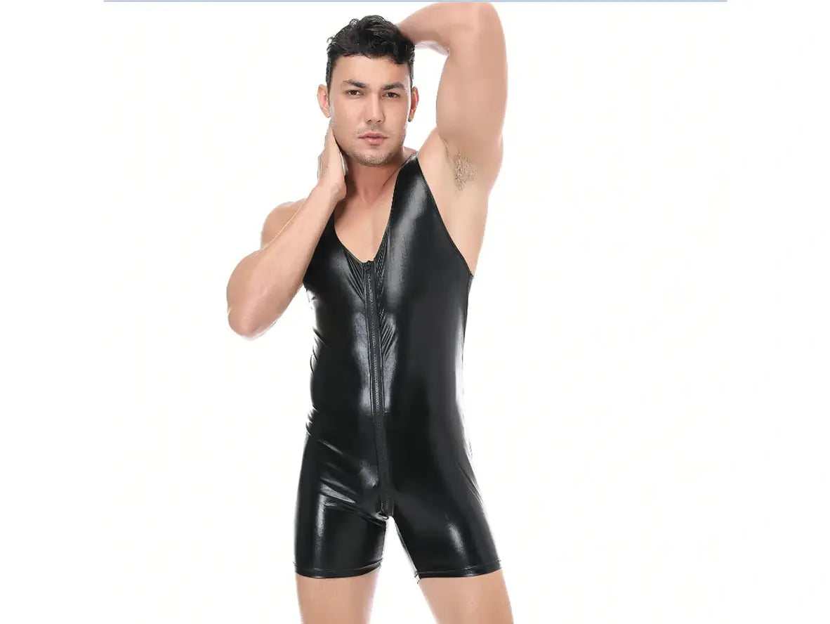 Gay Bodysuits | Sexy Clubwear Wet Look Faux Leather Bodysuit with Front Zipper