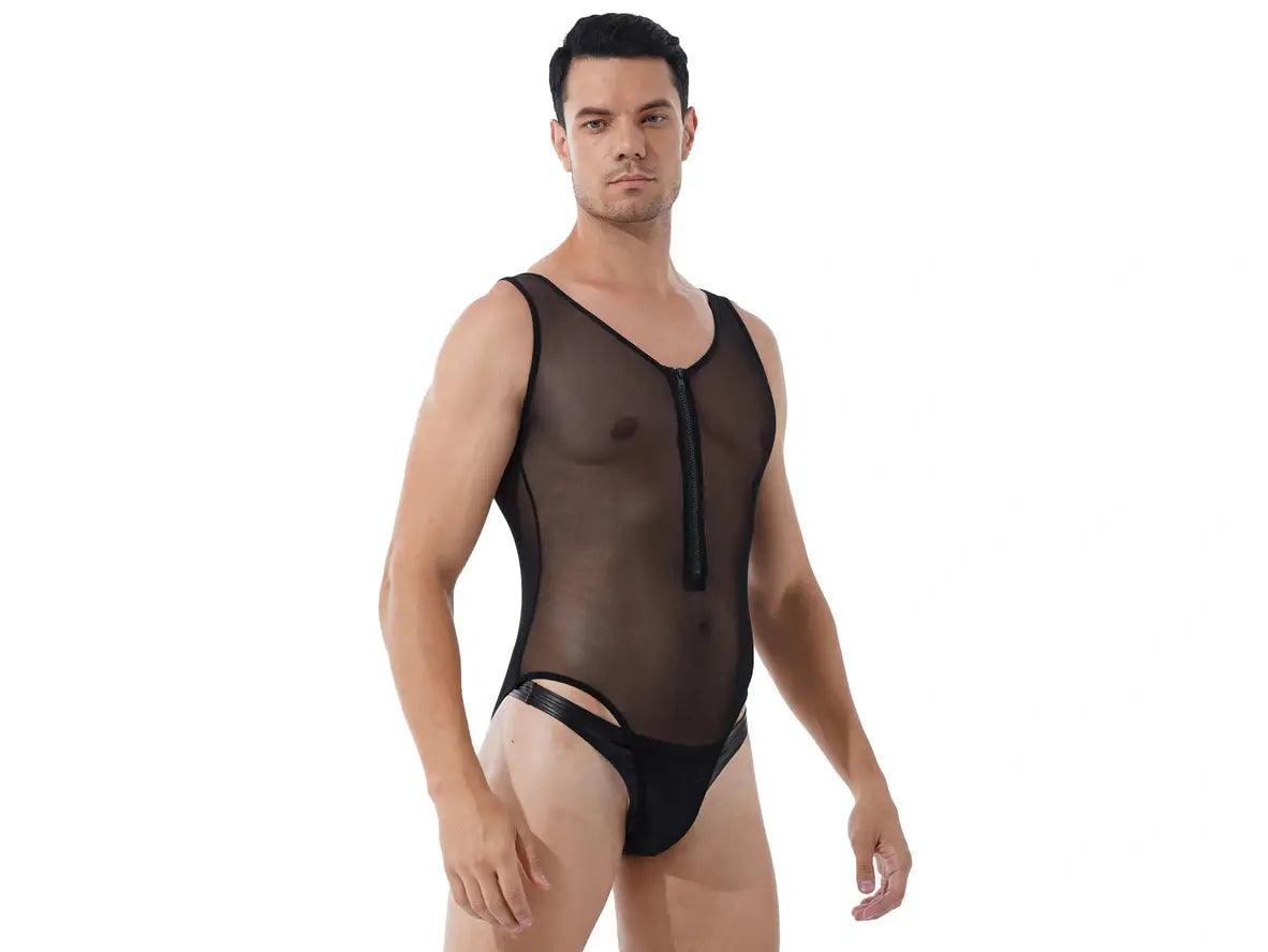 Gay Bodysuits | Sleeveless Front Zippered High Cut Mesh Bodysuit