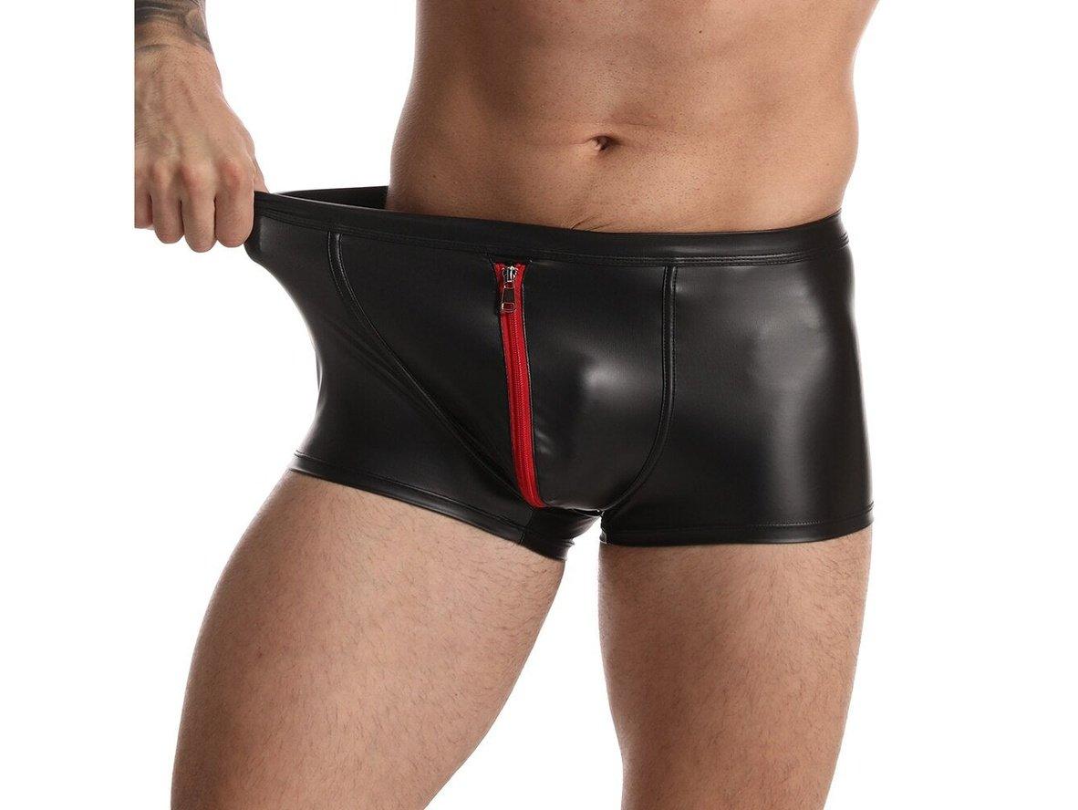 Gay Boxer Briefs | CAVE HERO Red Crotch Zipper Faux Leather Boxers