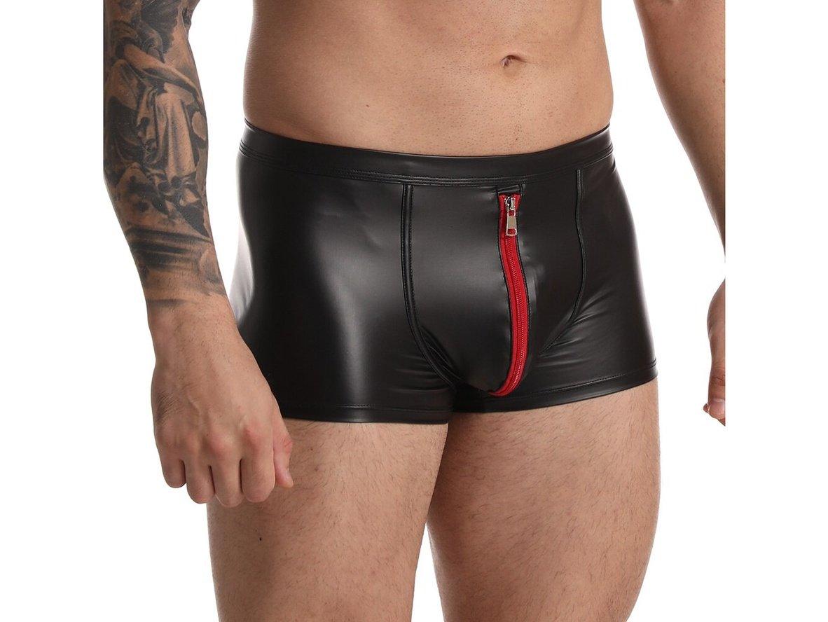 Gay Boxer Briefs | CAVE HERO Red Crotch Zipper Faux Leather Boxers