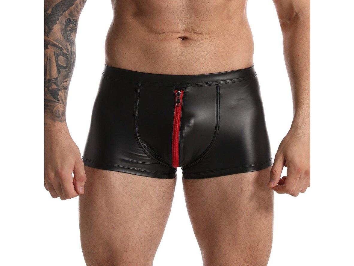 Gay Boxer Briefs | CAVE HERO Red Crotch Zipper Faux Leather Boxers