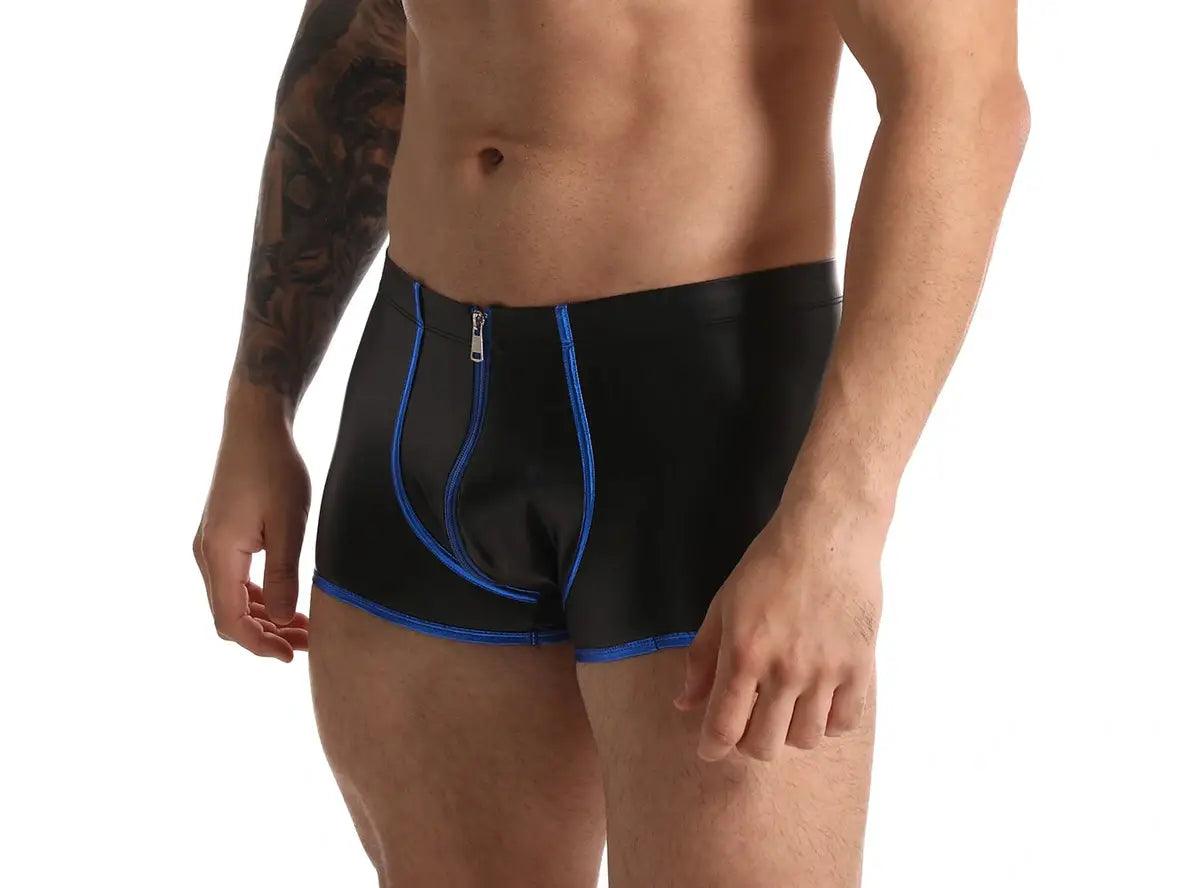Gay Boxer Briefs | Faux Leather Bulge Pouch Zipper Boxer Briefs