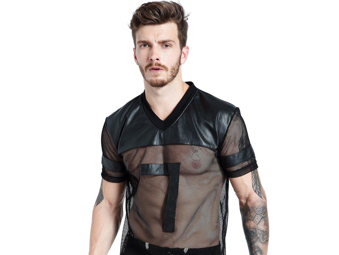 Gay Clubwear | CLEVER-MENMODE Mesh Faux Leather Short Sleeve Top