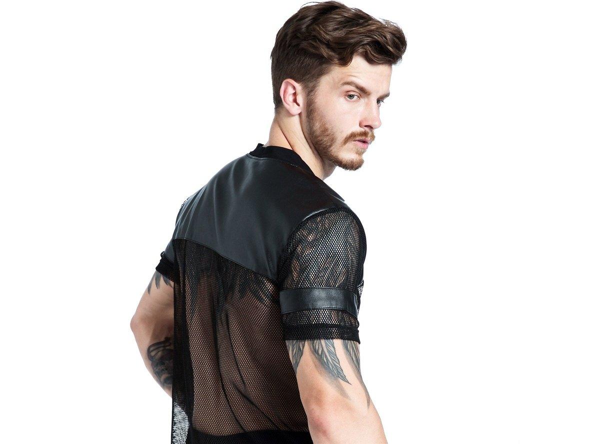 Gay Clubwear | CLEVER-MENMODE Mesh Faux Leather Short Sleeve Top