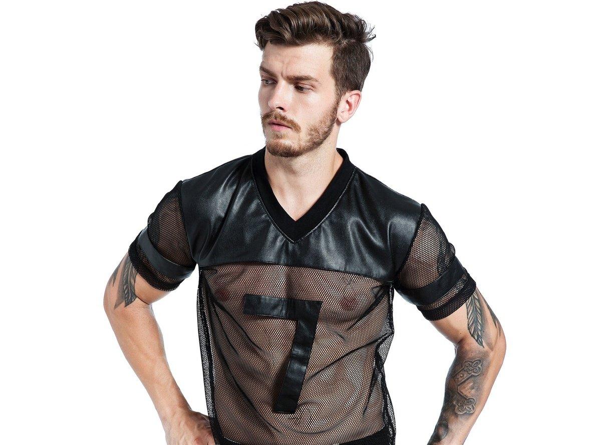 Gay Clubwear | CLEVER-MENMODE Mesh Faux Leather Short Sleeve Top