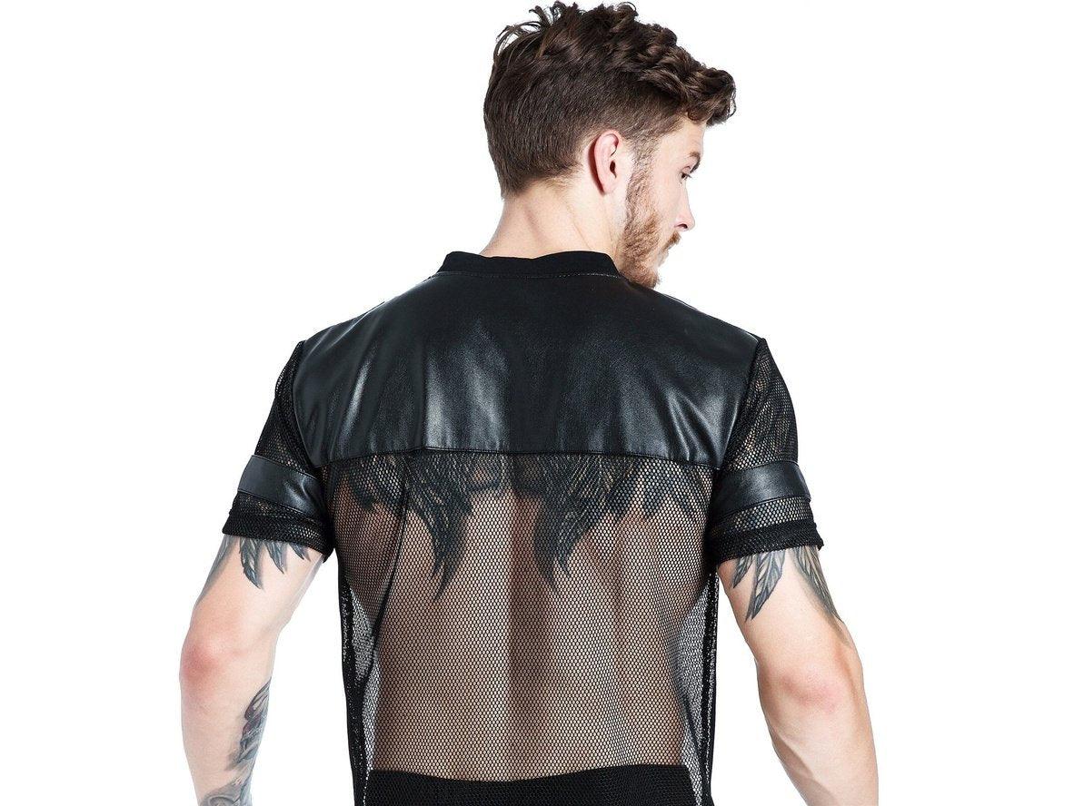 Gay Clubwear | CLEVER-MENMODE Mesh Faux Leather Short Sleeve Top