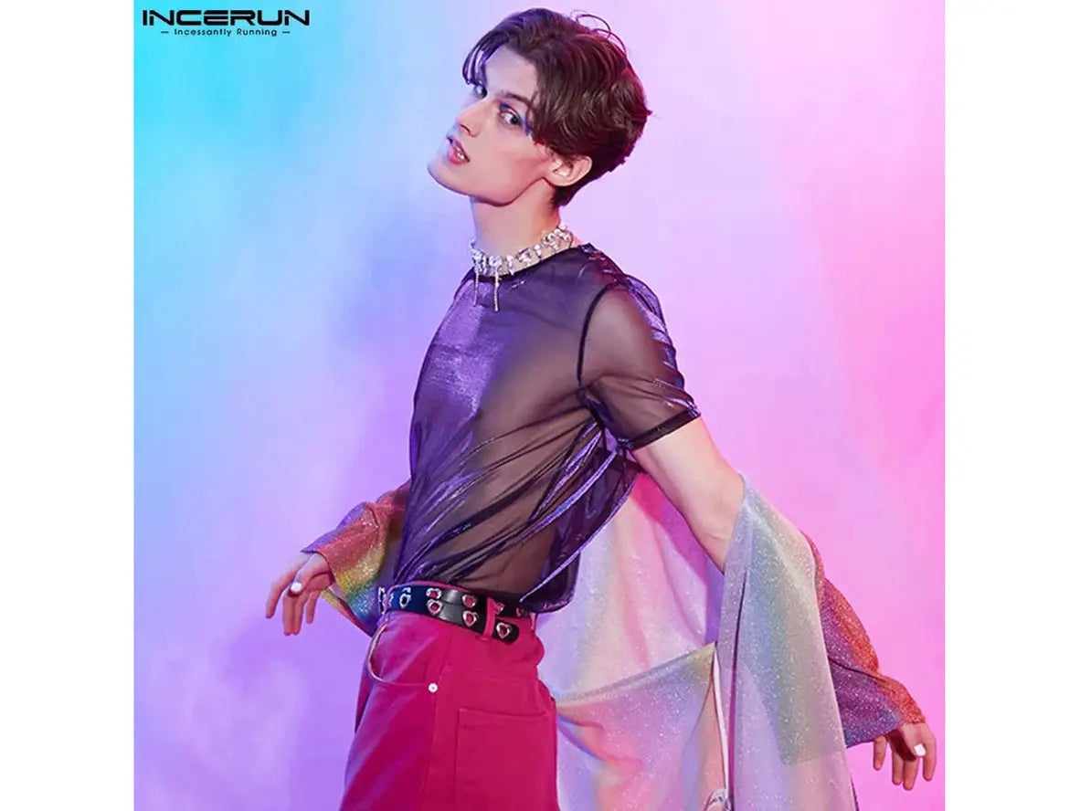 Gay Fashion Tops | INCERUN Sexy See-Through Mesh Top T-Shirt