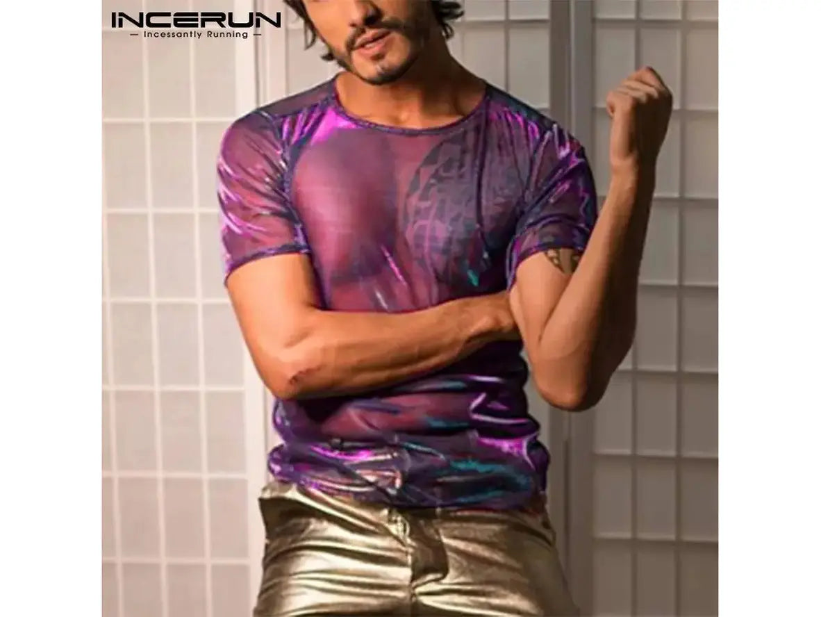 Gay Fashion Tops | INCERUN Sexy See-Through Mesh Top T-Shirt