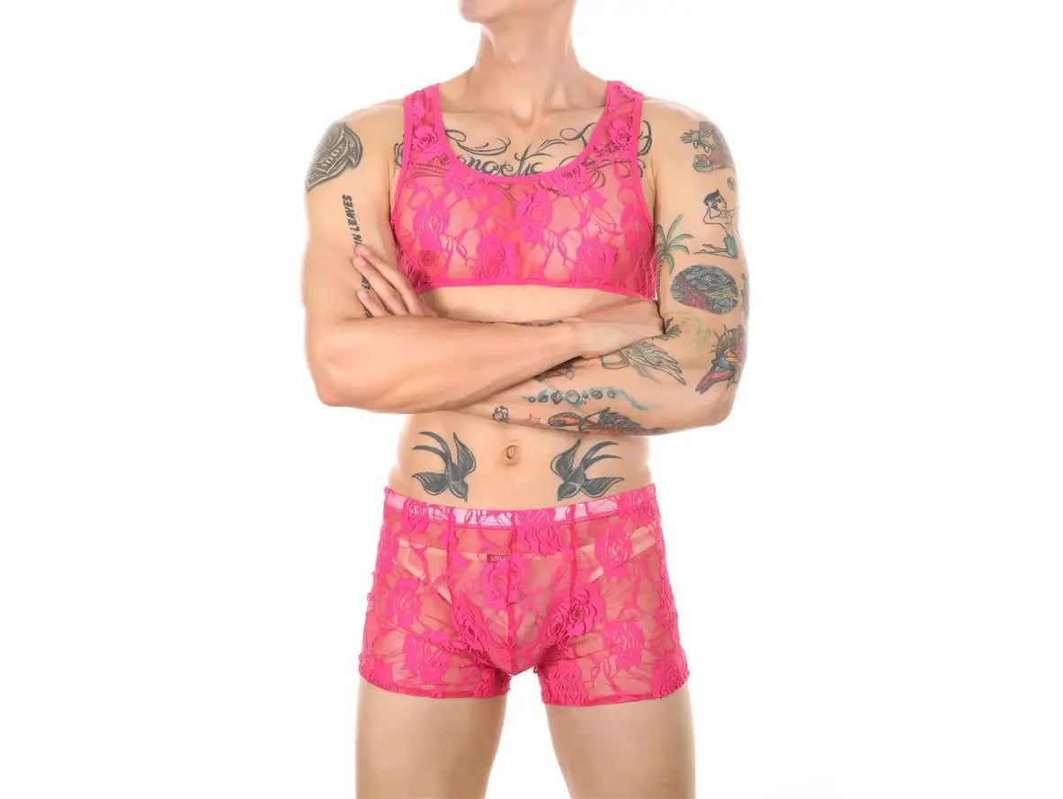 Gay Lingerie | CLEVER-MENMODE Underwear Male Floral Lace Bra + Boxer Briefs