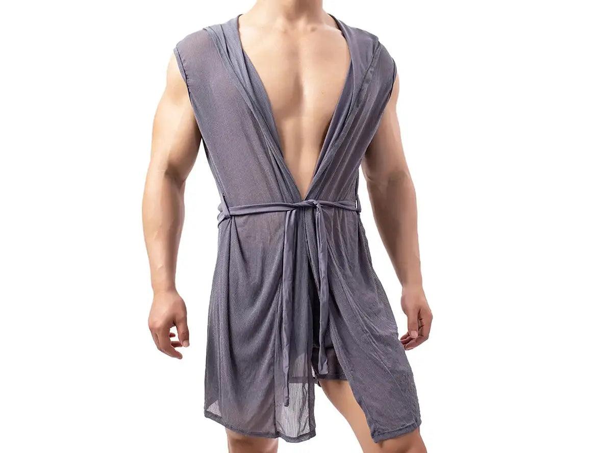 Gay Loungewear | Mesh Sleeveless Loose Hooded Bathrobe