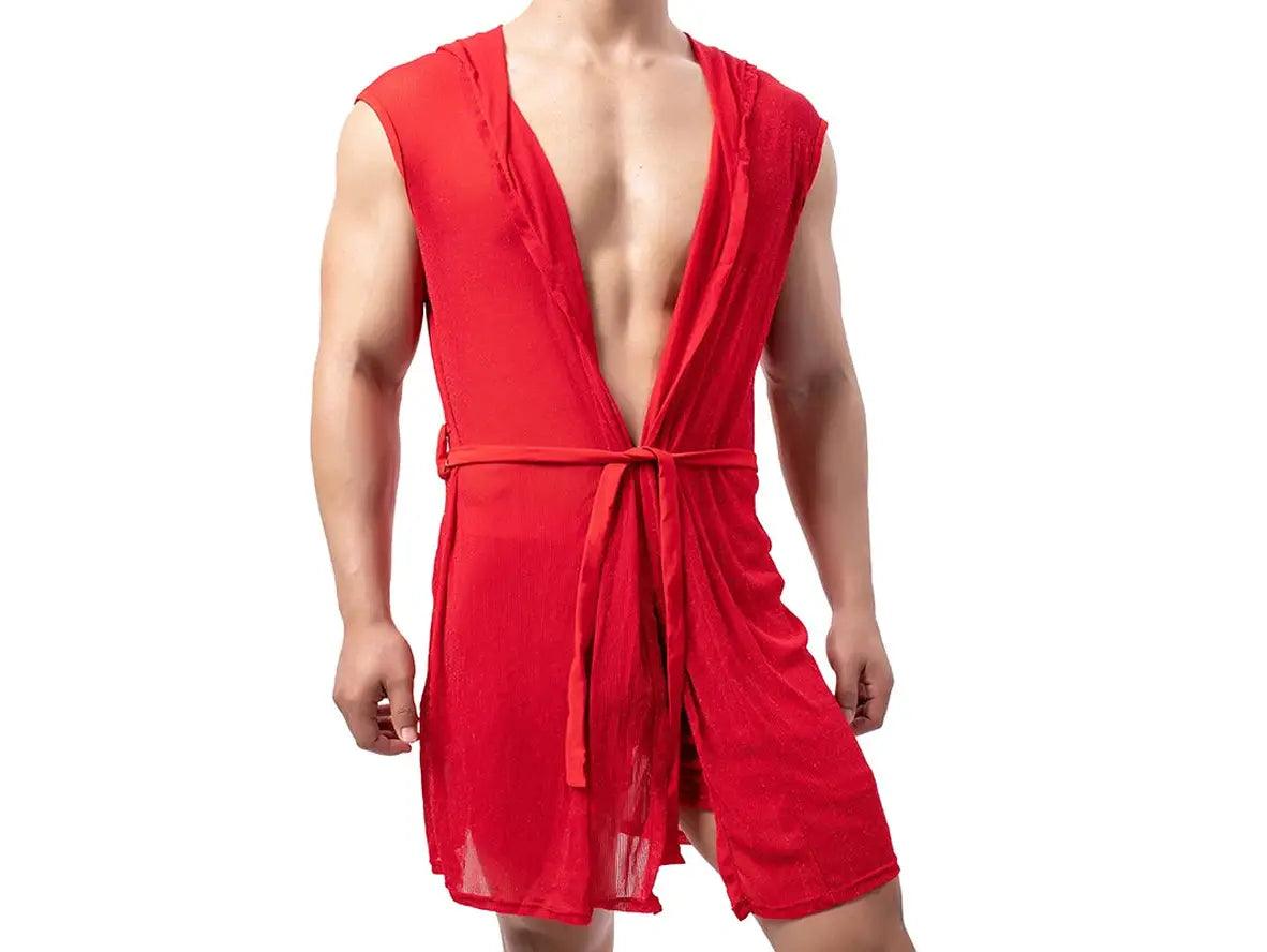 Gay Loungewear | Mesh Sleeveless Loose Hooded Bathrobe