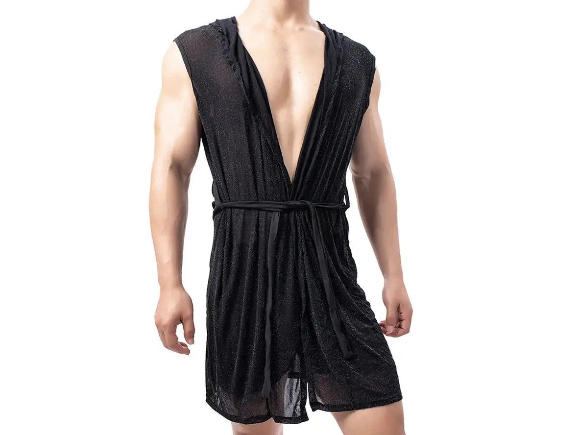 Gay Loungewear | Mesh Sleeveless Loose Hooded Bathrobe
