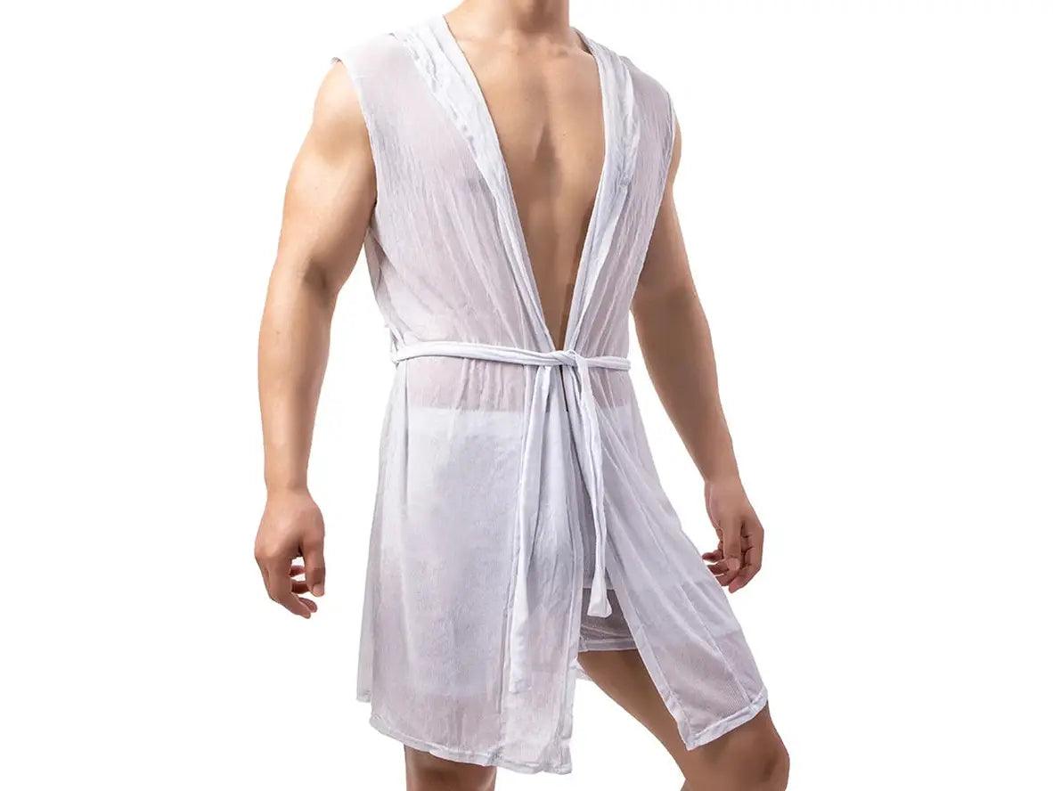 Gay Loungewear | Mesh Sleeveless Loose Hooded Bathrobe