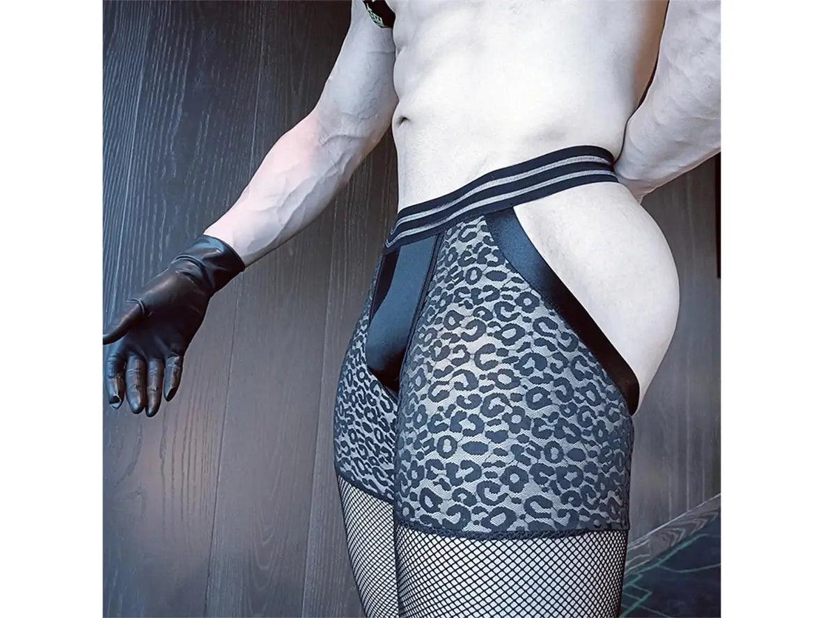 Gay Pantyhose | Transparent Mesh Leopard Open Butt Knee Length Pantyhose