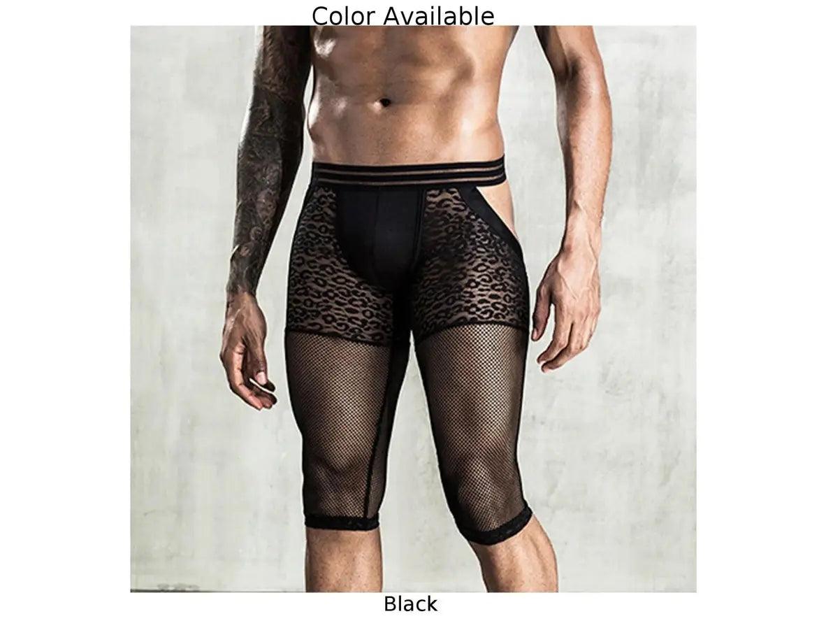 Gay Pantyhose | Transparent Mesh Leopard Open Butt Knee Length Pantyhose