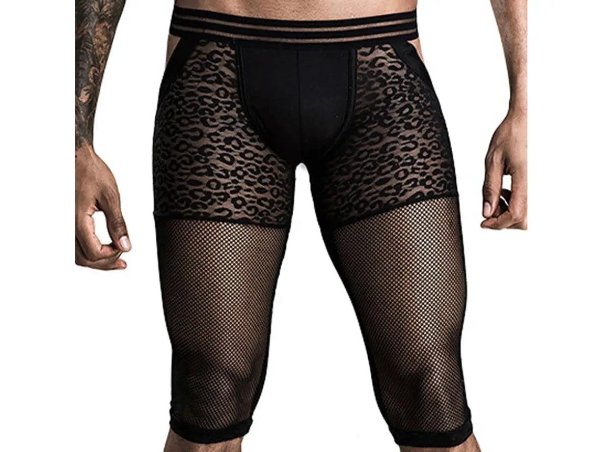 Gay Pantyhose | Transparent Mesh Leopard Open Butt Knee Length Pantyhose