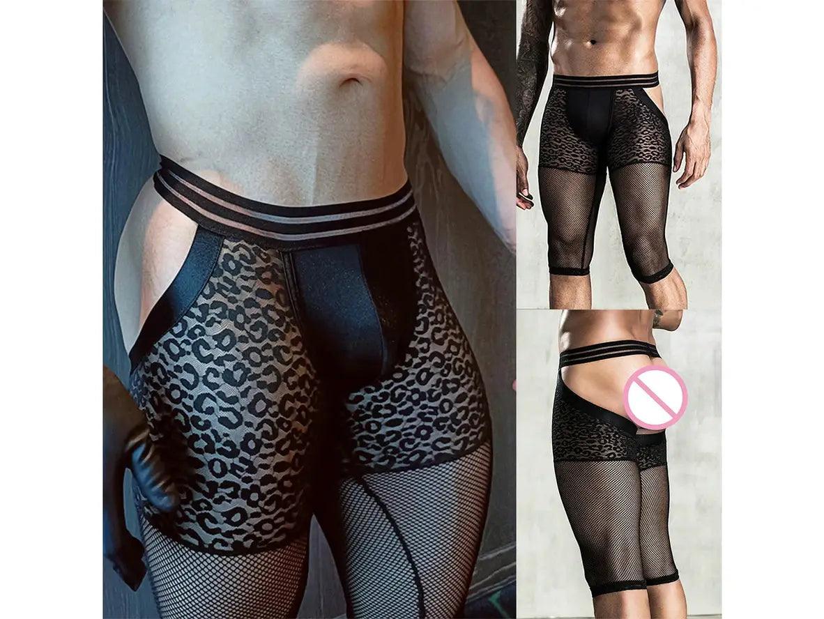 Gay Pantyhose | Transparent Mesh Leopard Open Butt Knee Length Pantyhose