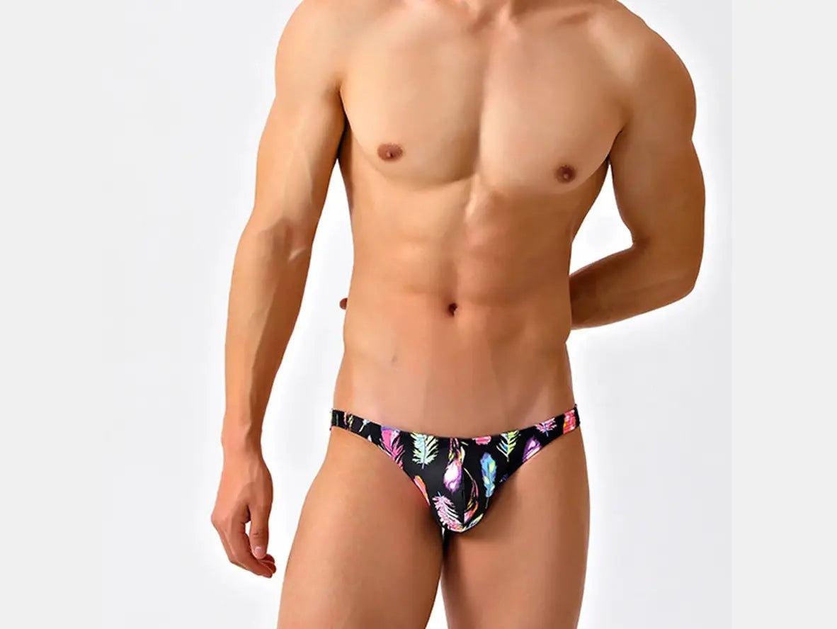 Gay Swim Bikinis | Black Feather Print Tight Low-Rise Swim Bikinis