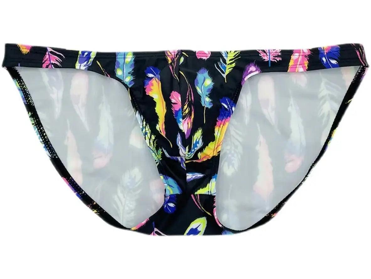 Gay Swim Bikinis | Black Feather Print Tight Low-Rise Swim Bikinis