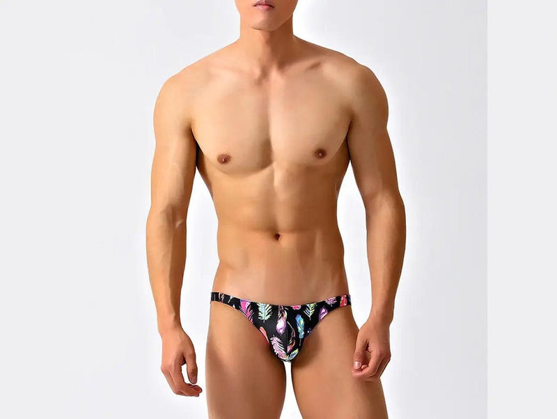 Gay Swim Bikinis | Black Feather Print Tight Low-Rise Swim Bikinis