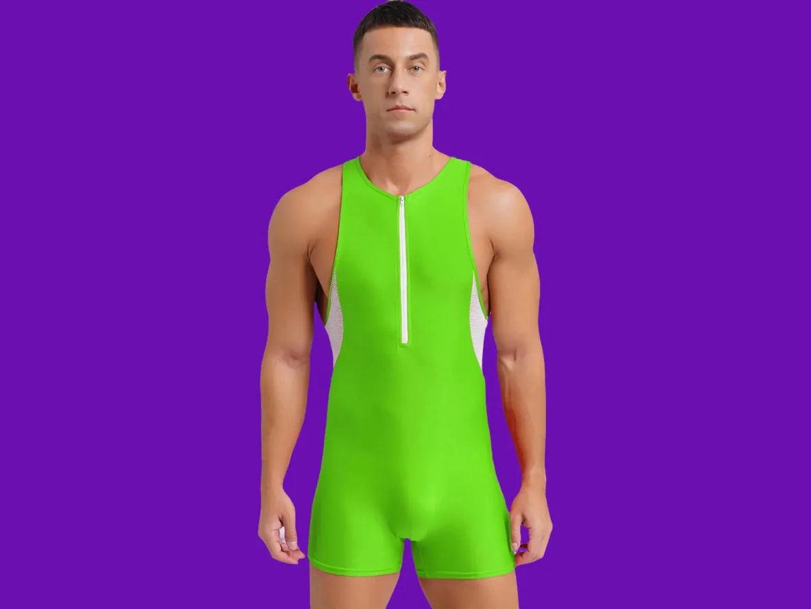 Gay Swim Bodysuits | One Piece Front Zipper Mesh Swim Bodysuit