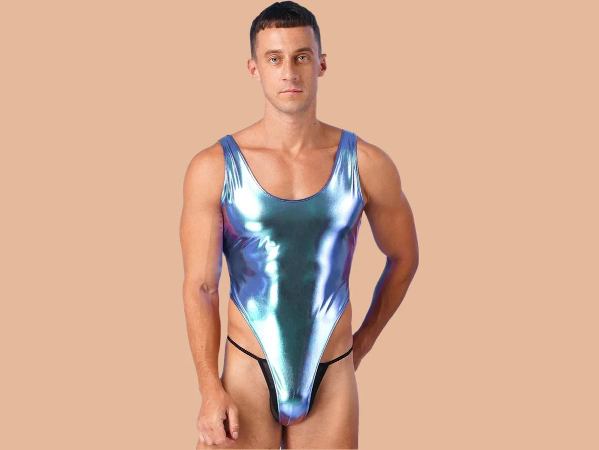Gay Swim Bodysuits | Sleeveless Glossy High Cut One-Piece Swim Mankini