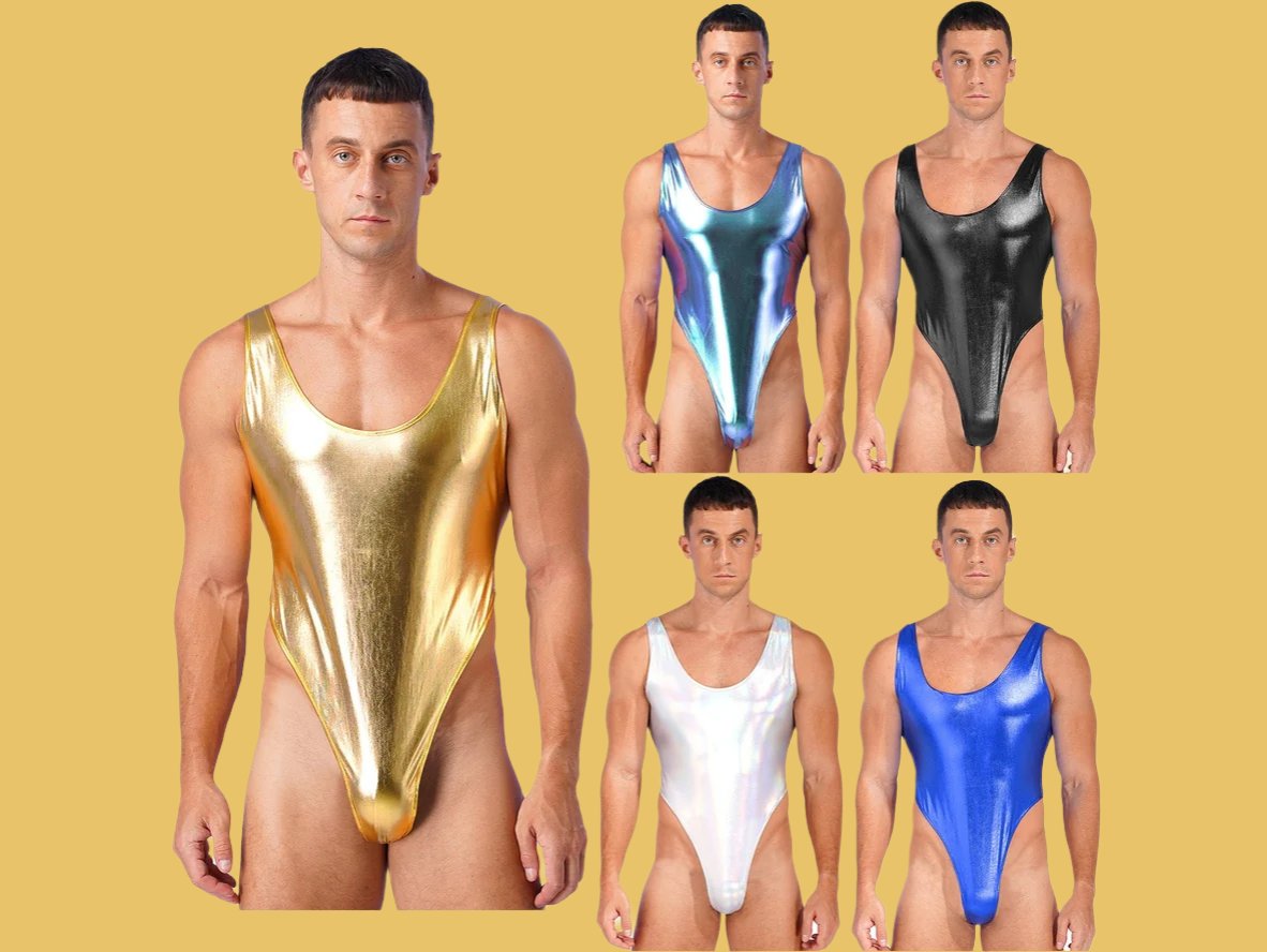 Gay Swim Bodysuits | Sleeveless Glossy High Cut One-Piece Swim Mankini