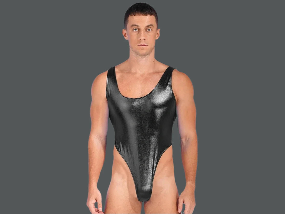 Gay Swim Bodysuits | Sleeveless Glossy High Cut One-Piece Swim Mankini