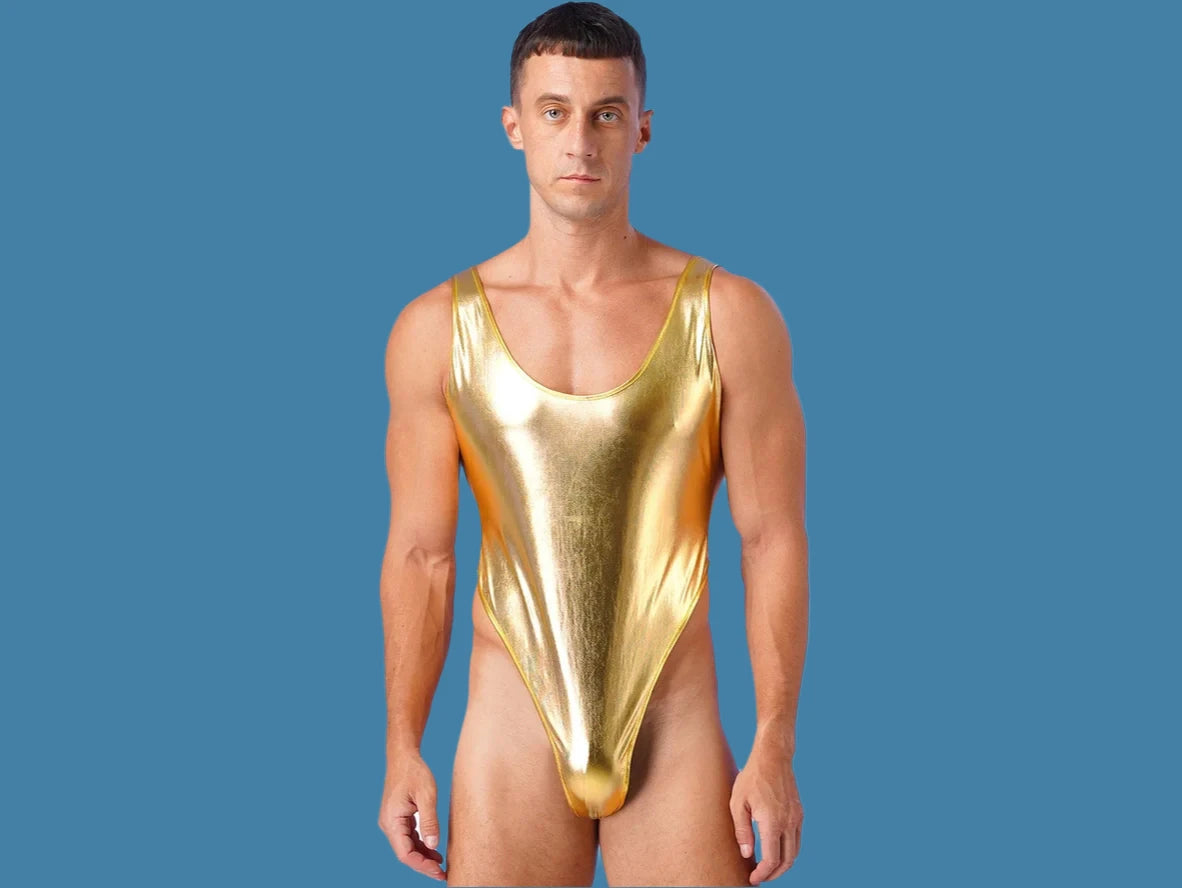 Gay Swim Bodysuits | Sleeveless Glossy High Cut One-Piece Swim Mankini