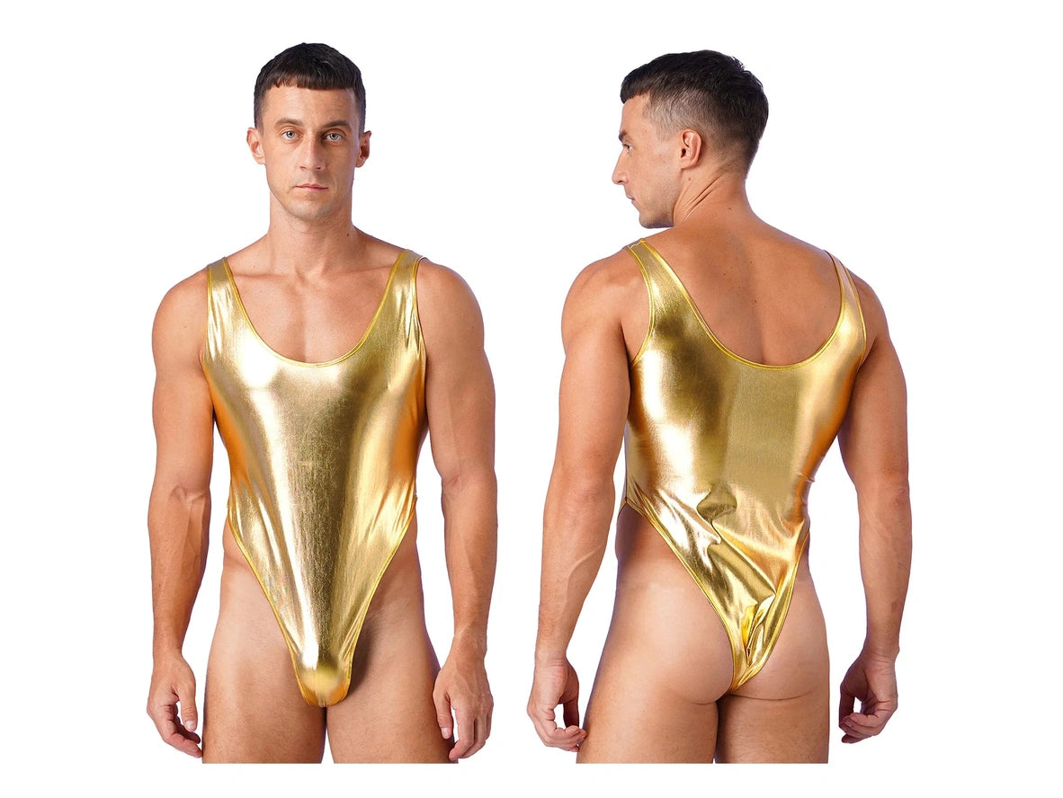 Gay Swim Bodysuits | Sleeveless Glossy High Cut One-Piece Swim Mankini