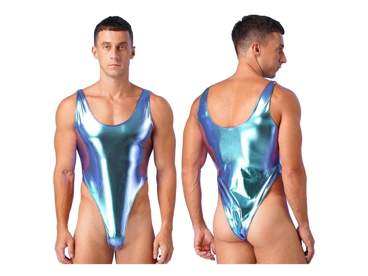 Gay Swim Bodysuits | Sleeveless Glossy High Cut One-Piece Swim Mankini