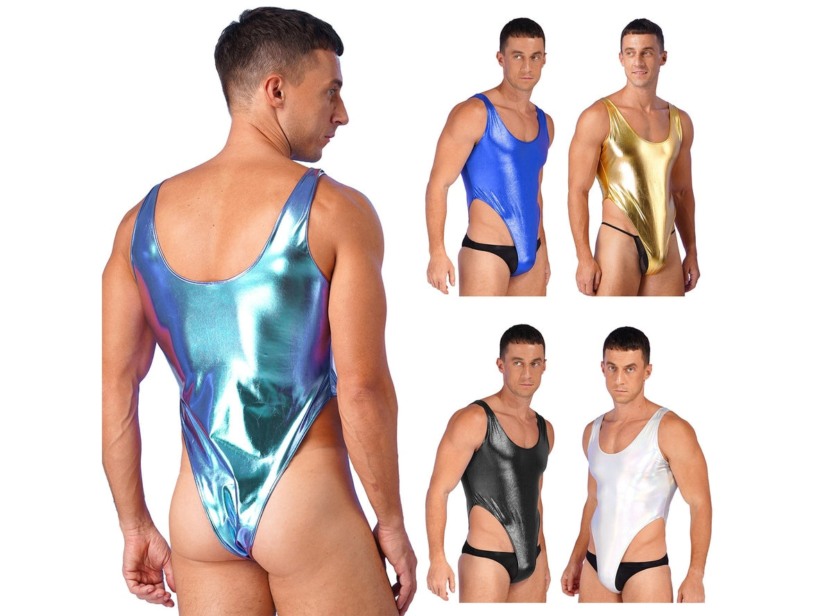Gay Swim Bodysuits | Sleeveless Glossy High Cut One-Piece Swim Mankini