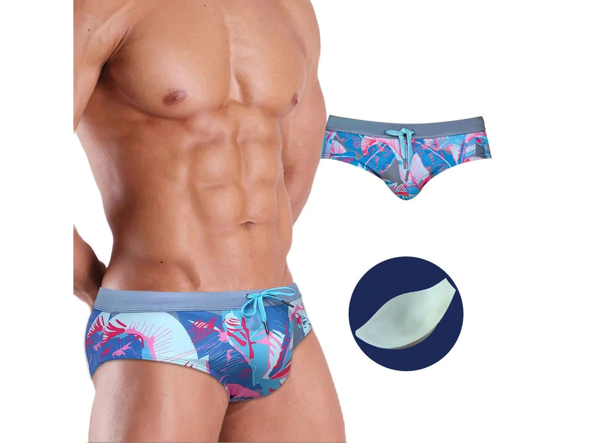 Gay Swim Briefs | Colored Leaves Print Push Up Pad Swim Briefs