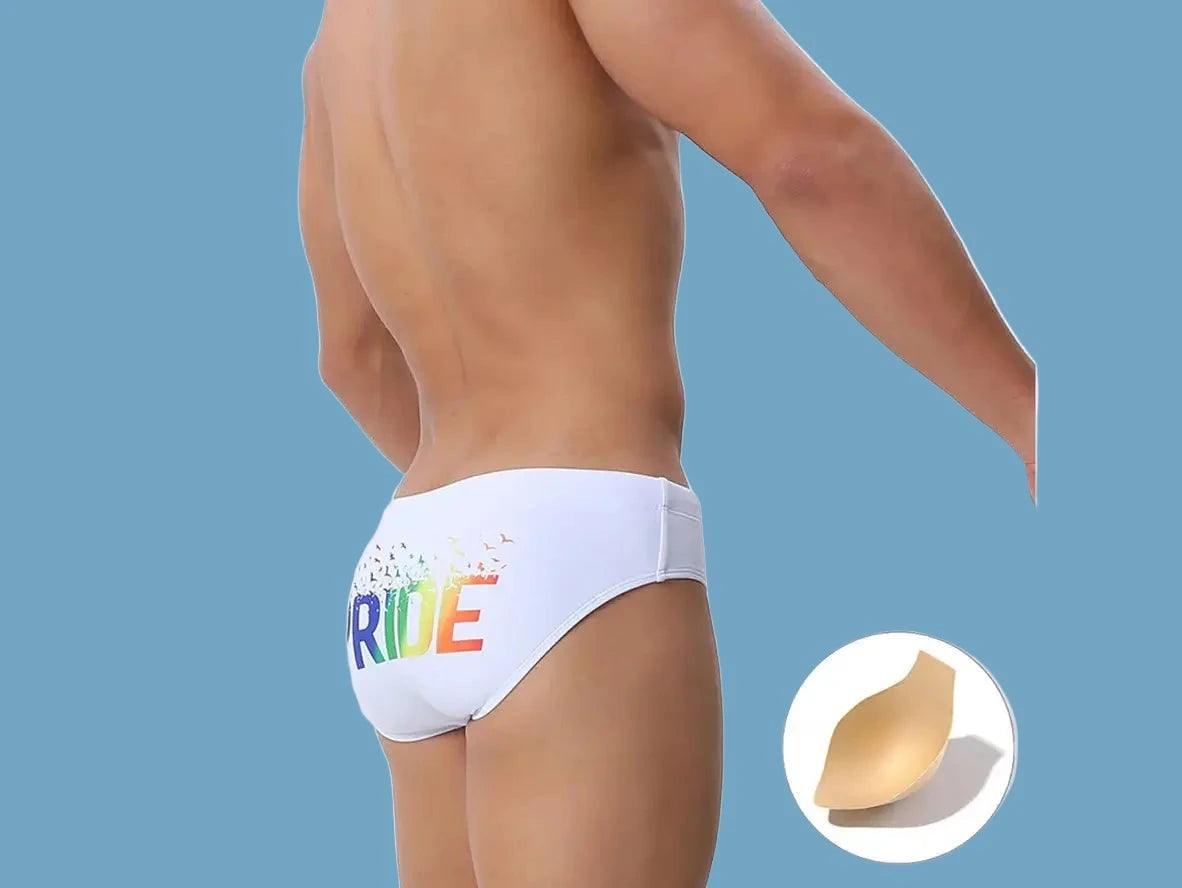 Gay Swim Briefs | LGBTQ+ Pride Pushup Pad White Swim Briefs