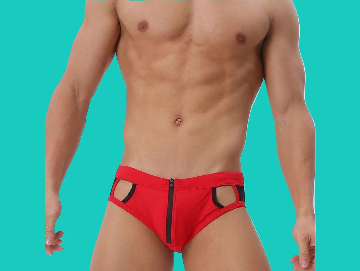 Gay Swim Briefs | Mesh Hollow-Out Design with Front Zipper Swim Briefs