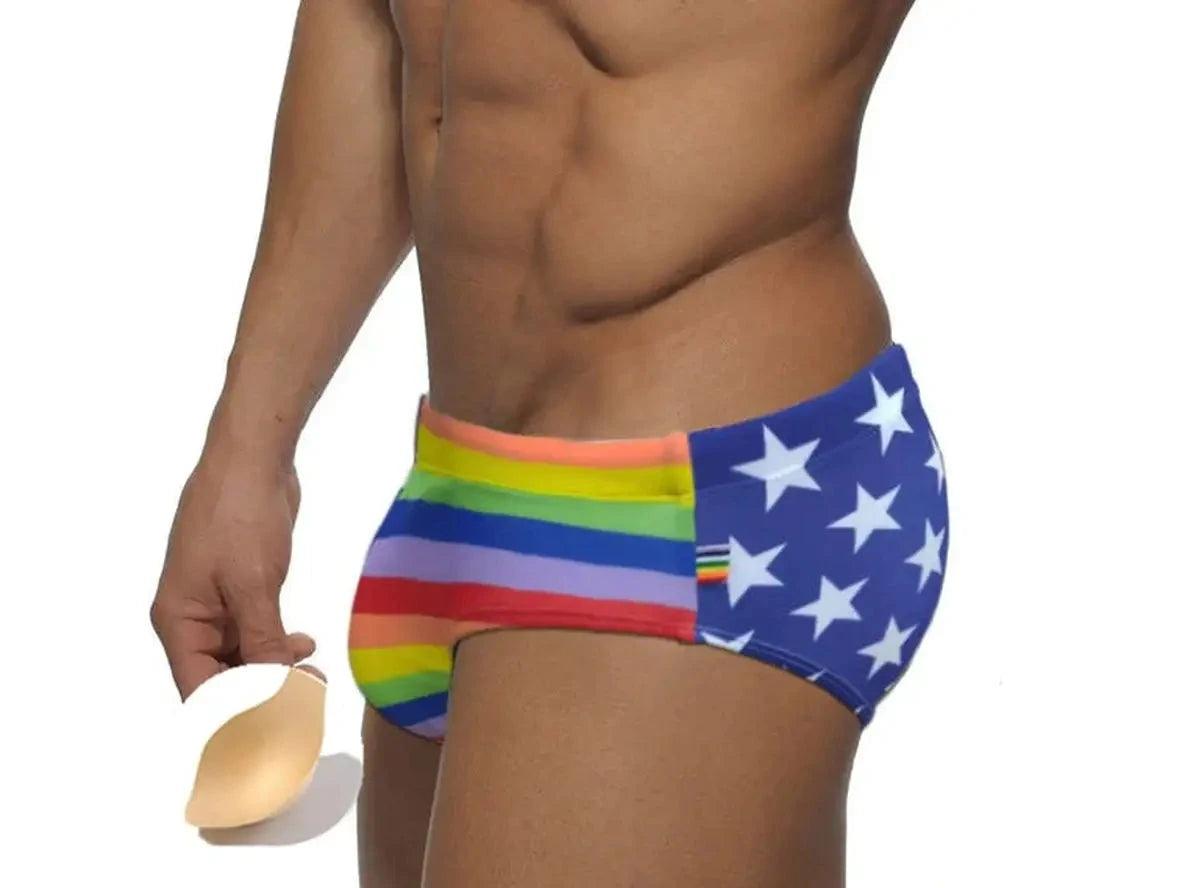 Gay Swim Briefs | Rainbow Stars Pride Pushup Pad Swim Briefs