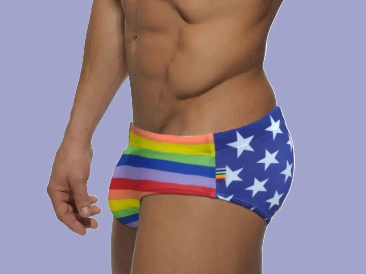 Gay Swim Briefs | Rainbow Stars Pride Pushup Pad Swim Briefs
