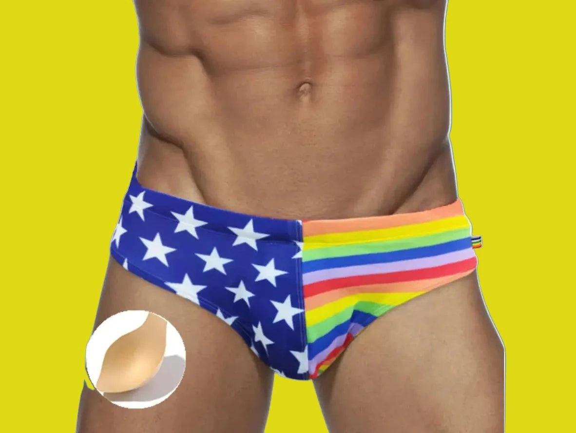 Gay Swim Briefs | Rainbow Stars Pride Pushup Pad Swim Briefs