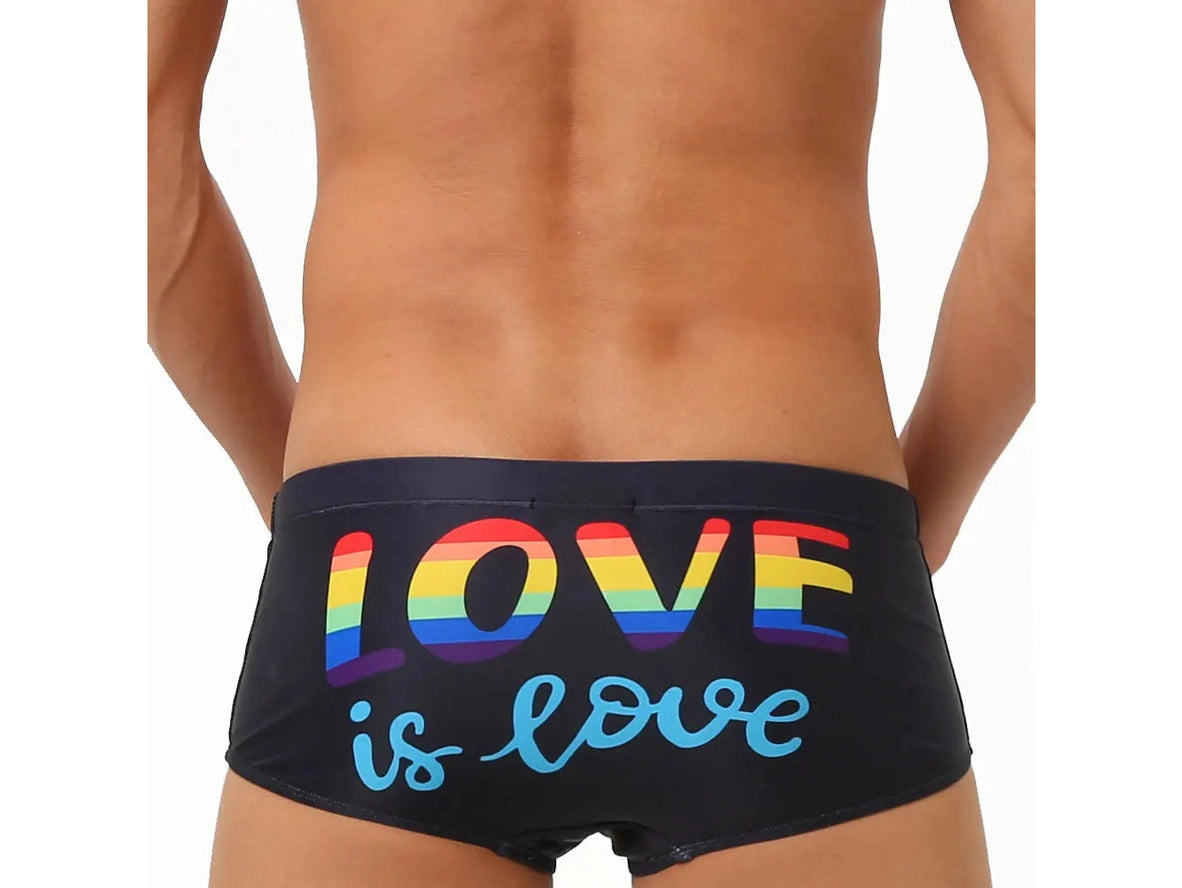 Gay Swim Trunks | UXH &quot;LOVE IS LOVE&quot; Pride Black Trunks