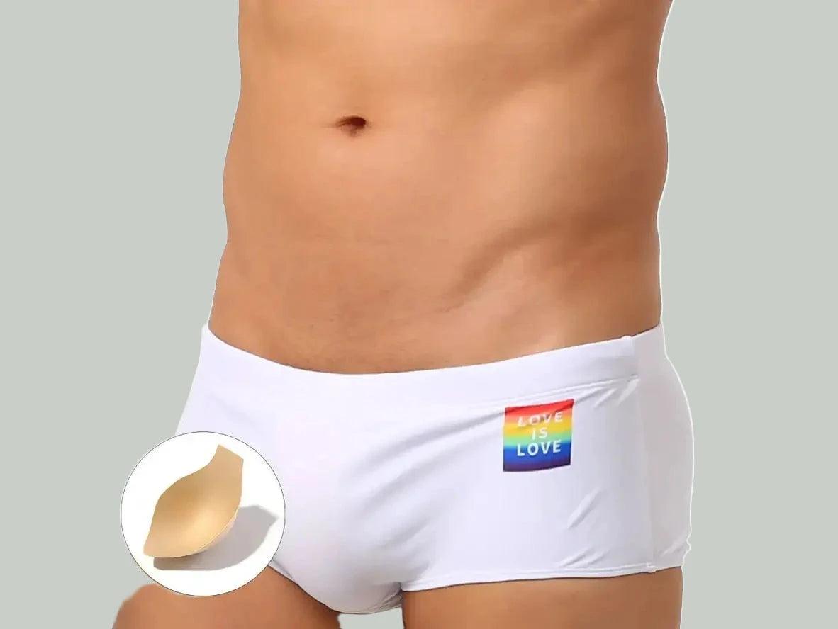 Gay Swim Trunks | UXH &quot;LOVE IS LOVE&quot; Pride White Swim Trunks