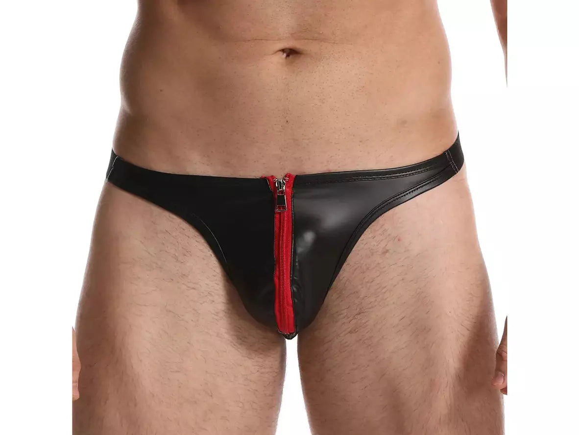 Gay Thongs | CAVE HERO Underwear Zipper Black Faux Leather Thong