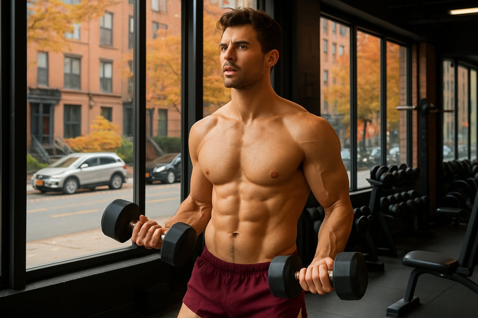 AI-generated image of a muscular gay man in maroon shorts lifting dumbbells in a gym with autumn foliage outside