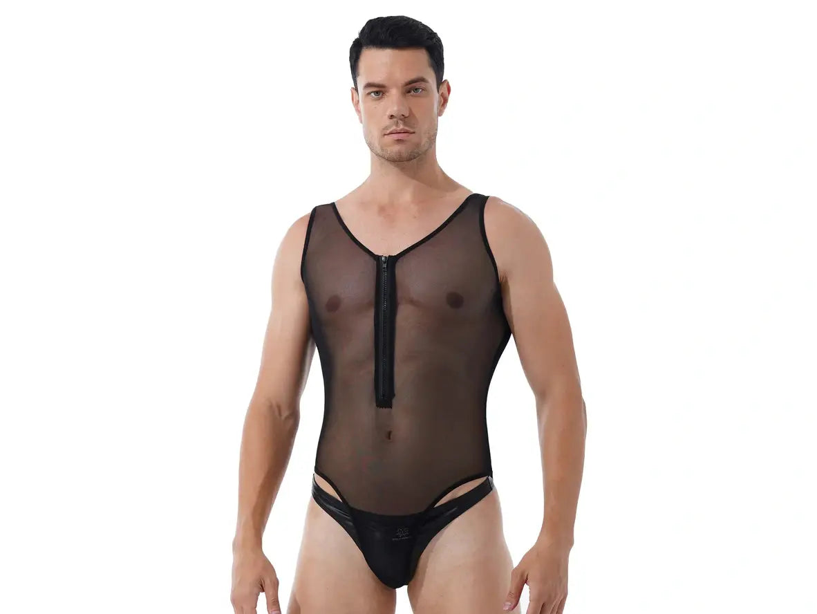 Gay Bodysuits | Sleeveless Front Zippered High Cut Mesh Bodysuit
